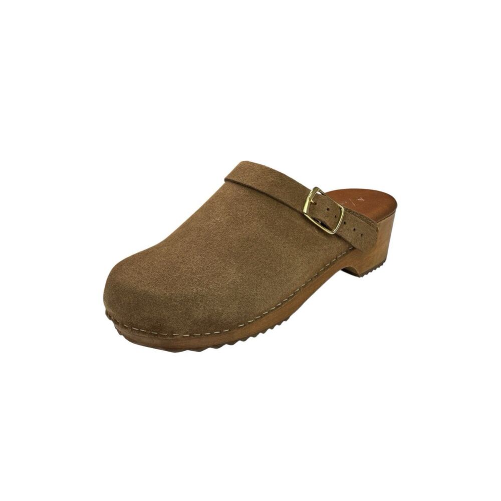 Anthropologie Chestnut Suede Leather Wood Block Heel Mule Clogs Size 38 Ret $200